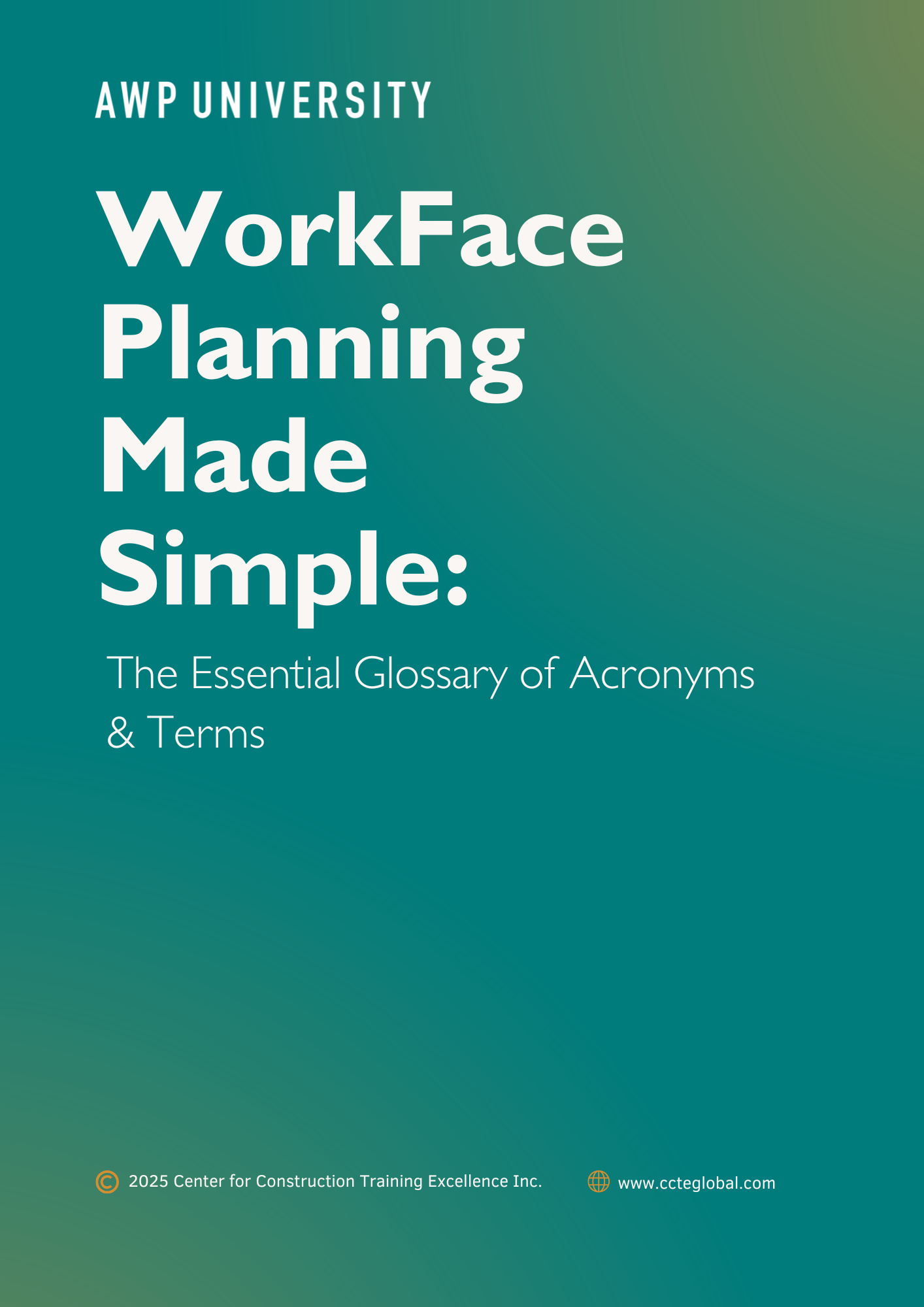 Cover of the ebook WorkFace Planning Made Simple: The Essential Glossary of Acronyms & Terms by AWP University. Teal gradient background with bold white title text.